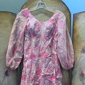 Vintage 60's 70's Pink Mini Dress Floral Print w Flowy Sleeves